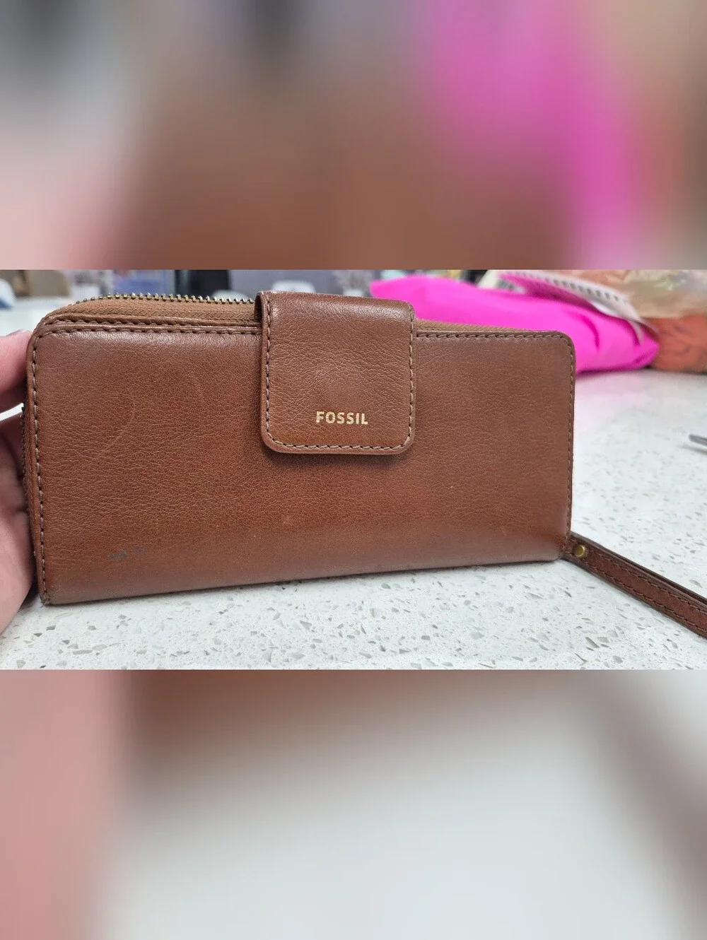 Fossil Brown Leather Zip-Around Wristlet Wallet